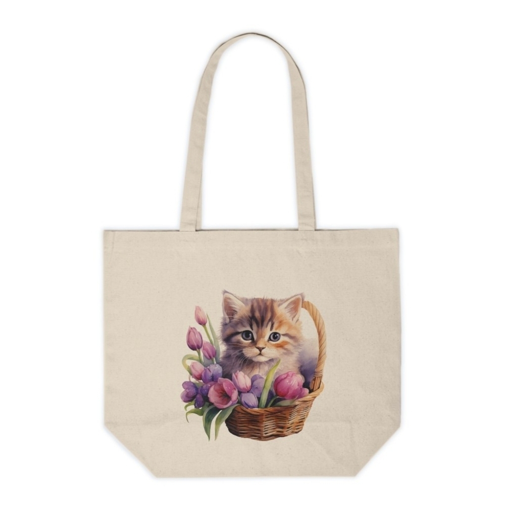 Floral Cat in a Basket Custom Canvas Tote Bag